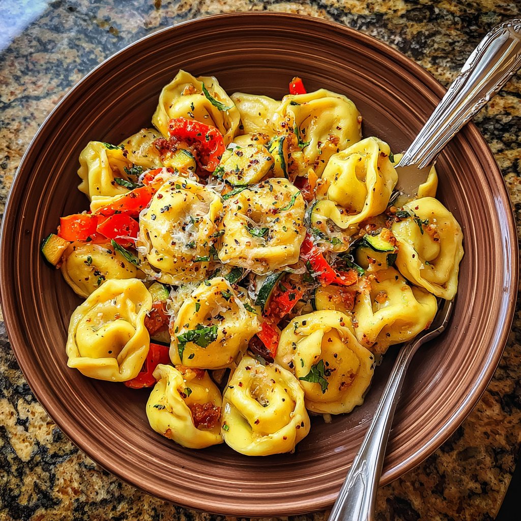 Knoblauch Steak Tortellini mit Zucchini und Paprika