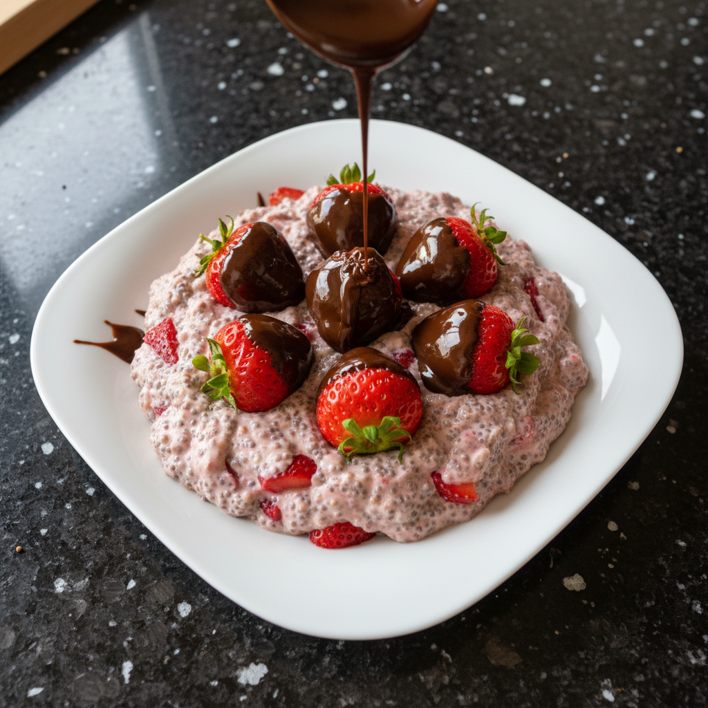 Schokoladenüberzogener Erdbeer Chia Pudding