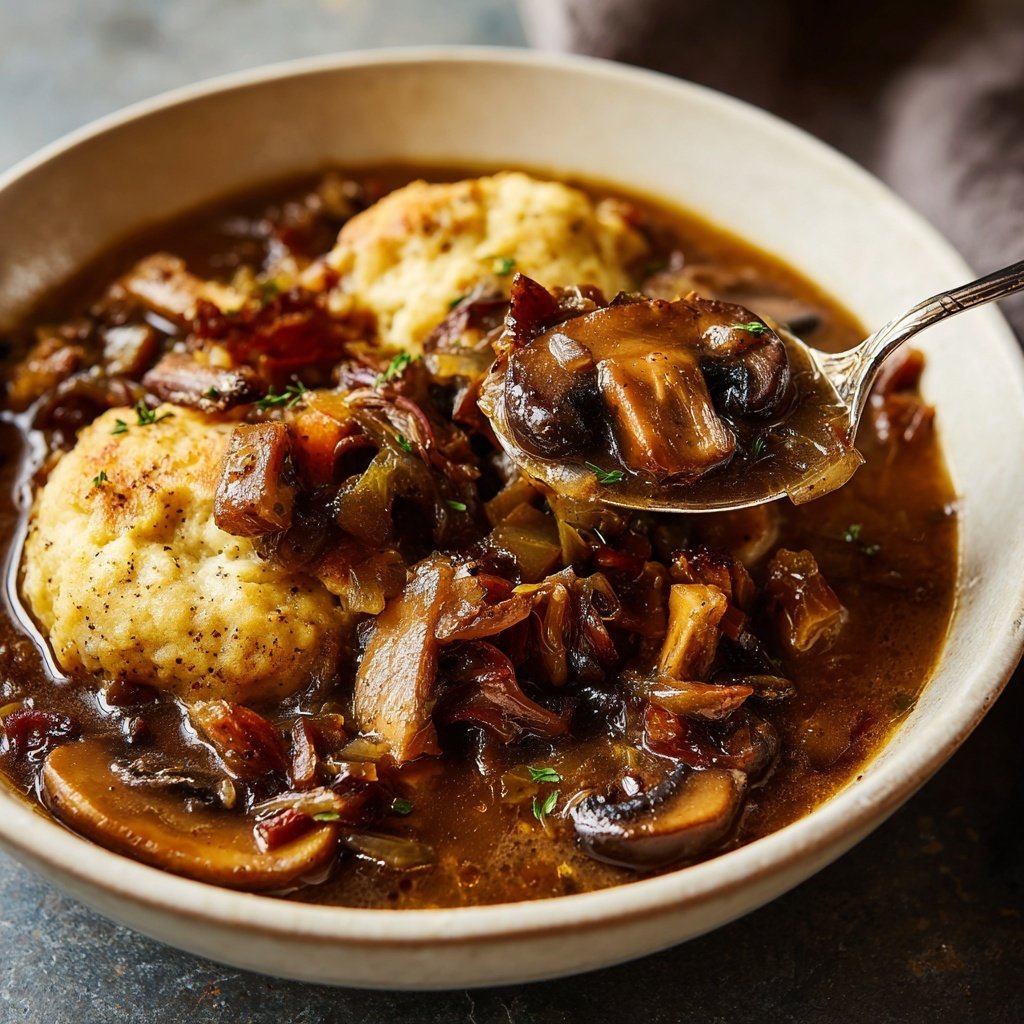 Pilz-Maronen Ragout mit Ofenknödeln und Rotkraut