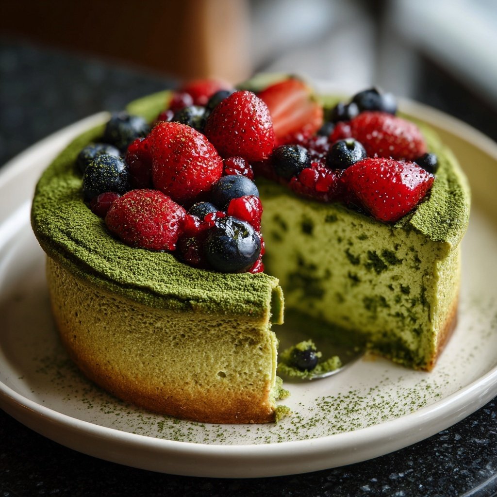Japanischer Matcha Käsekuchen mit Beeren