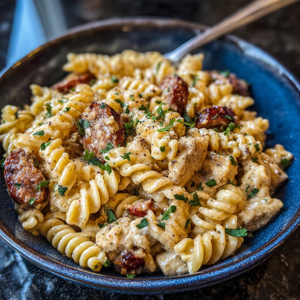 One Pot Creamy Cajun Sausage and Chicken Pasta