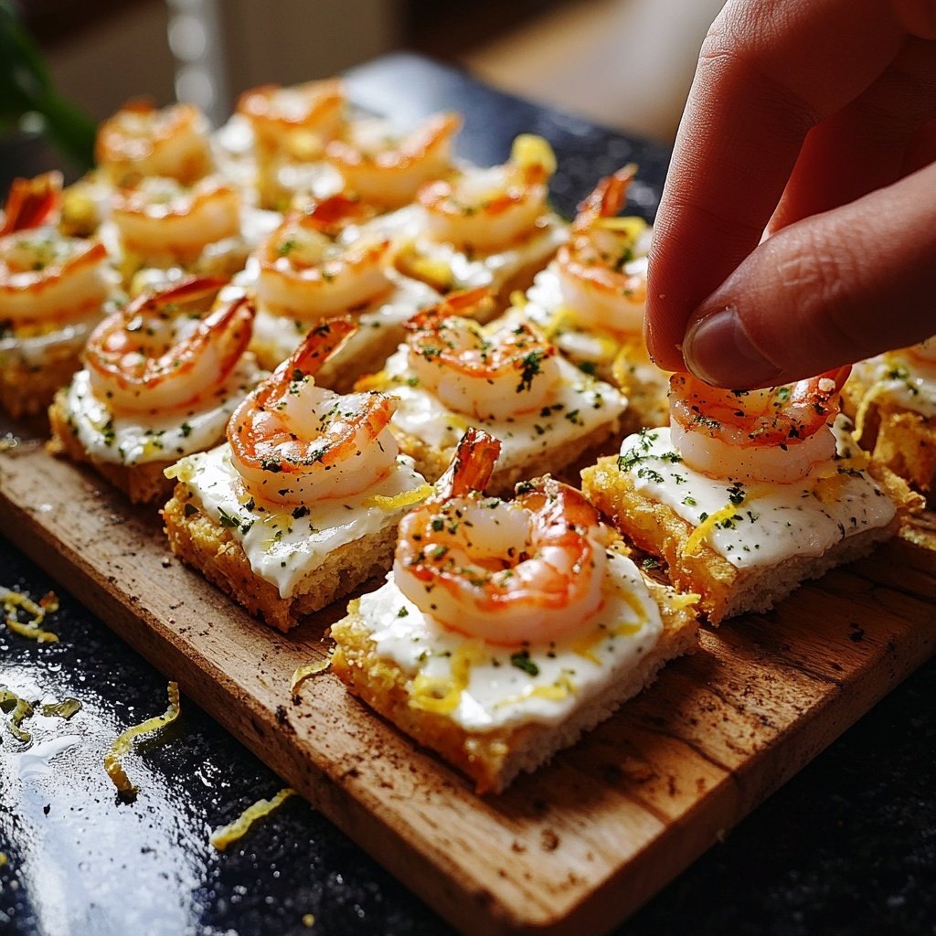 Canapes Fingerfood mit Garnelen und Zitronen-Joghurt