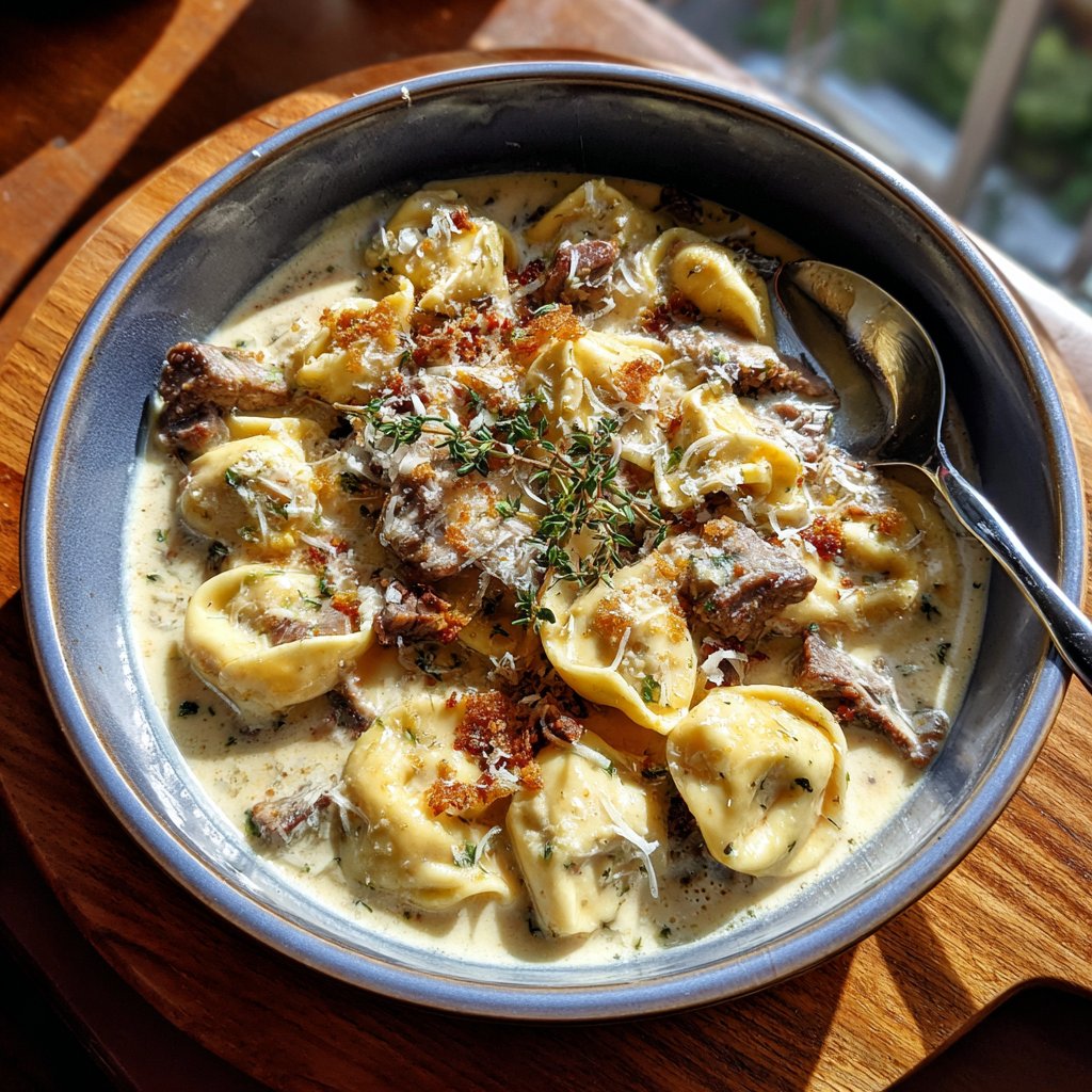 Knoblauch Steak Tortellini mit Parmesan Creme Soße