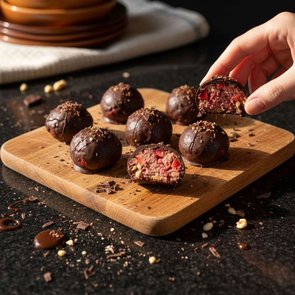 Schokoladenüberzogene Erdbeer Energy Bites